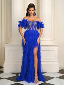 Women's Heavy Embellished Off Shoulder Feather, Lace, Wrap, Chiffon Ruffle Hem And High Slit Formal Gown - Royal Blue - View 6