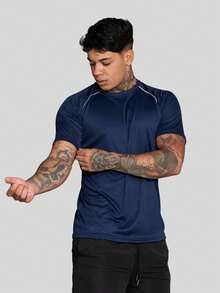 Men's Dry Fit Short Sleeve Sports Shirt, Polyester With Elastane, Training Gym - Navy Blue - View 1