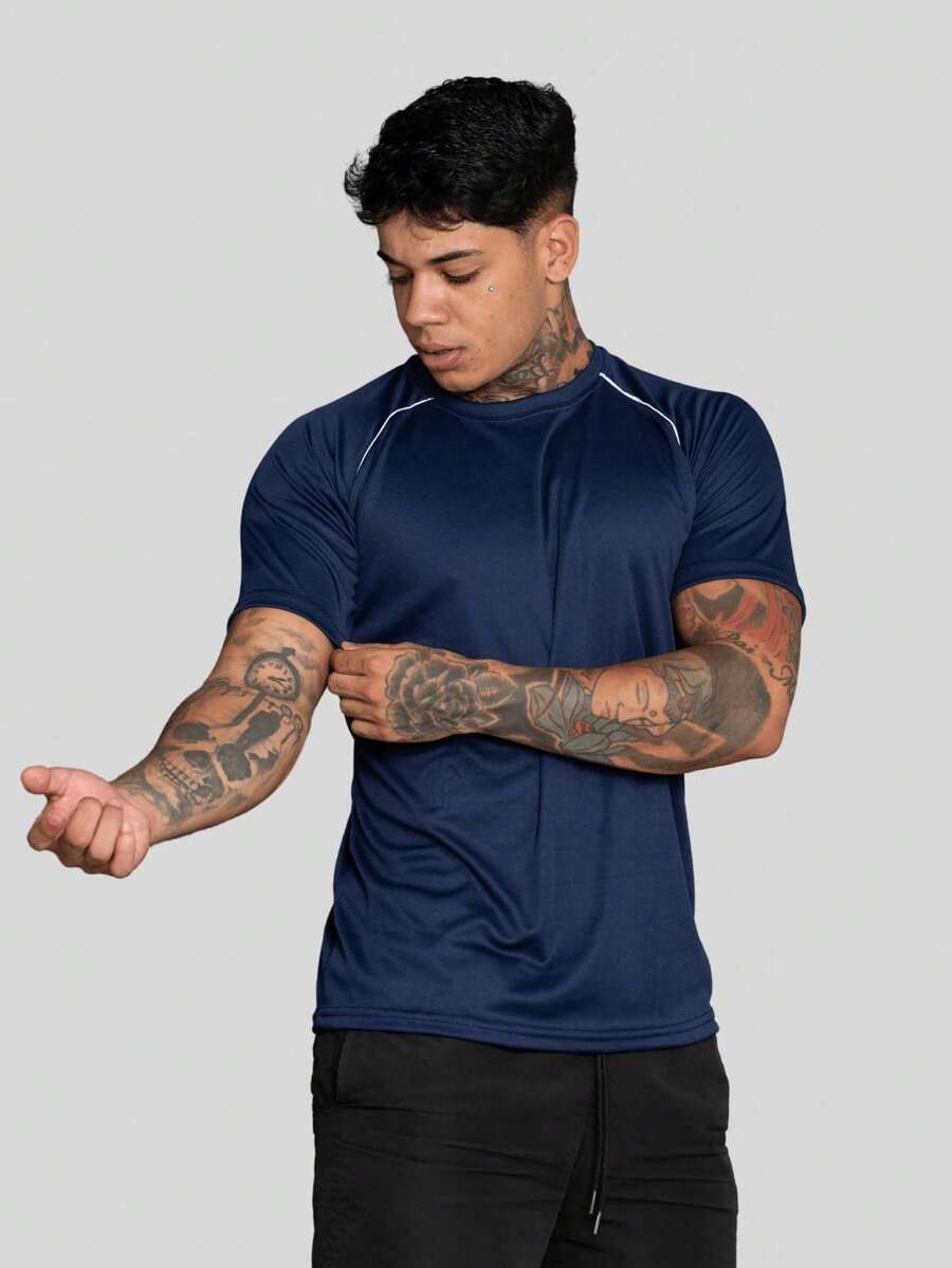 Men's Dry Fit Short Sleeve Sports Shirt, Polyester With Elastane, Training Gym - Navy Blue - View 1