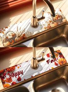 Faucet Splash Guard, Autumn/Halloween Style, Bathroom Faucet Splash Mat To Set Holiday Atmosphere, Anti-Moisture Anti-Slip Faucet Mat, Kitchen Countertop Accessory, Kitchen & Dining Table Accessory, Sink Drain Mat, Absorbent & Anti-Slip Multifunctional