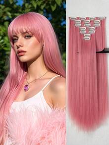 7片/套 24英寸直发夹式接发片，合成全头假发片，女士适用，粉色 - 粉色 - 查看 9