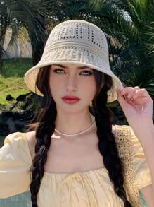 1pc Women Solid Color Knitted Hollow Out Bucket Hat, Simple Fashion Versatile Summer Breathable Sun-Shading Cap, Face Slimming Bucket Hat