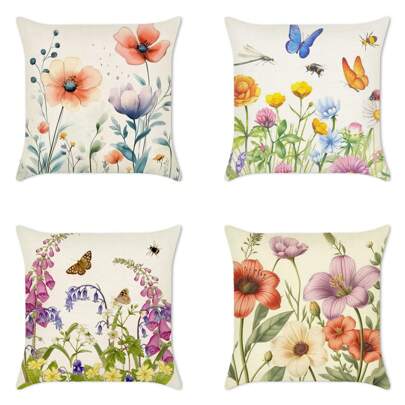 Linen Cushion Covers Artistic Dandelion Pattern Cushion Covers Set Of 4 Square Decorative Cushions Sofa Cushion Covers Flowers Butterfly Painting Cushions Cushion Covers Watercolor Flowers And Christmas Snowman Scenery Decorative Cushions Sofa Cushions