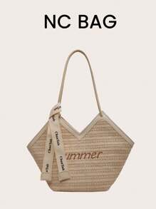 2024新款时尚小丑拼色设计褶皱纹理大容量双手柄单肩托特包，适合旅行、购物、通勤，带围巾装饰