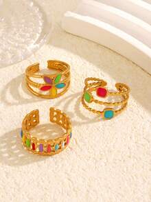 3pcs/Set Stainless Steel Minimalist Colorful Enamel Geometric Flower Open Ring Set, Suitable For Women Daily & Festival Wear - Colorful - View 4