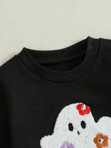 Toddler Baby Girl Halloween Outfit Ghost Embroidered Long Sleeve Sweatshirt Pullover Tops + Elastic Tulle Tutu Skirt 2pcs Infant Fall Winter Outfits Set - màu đen - Xem 8