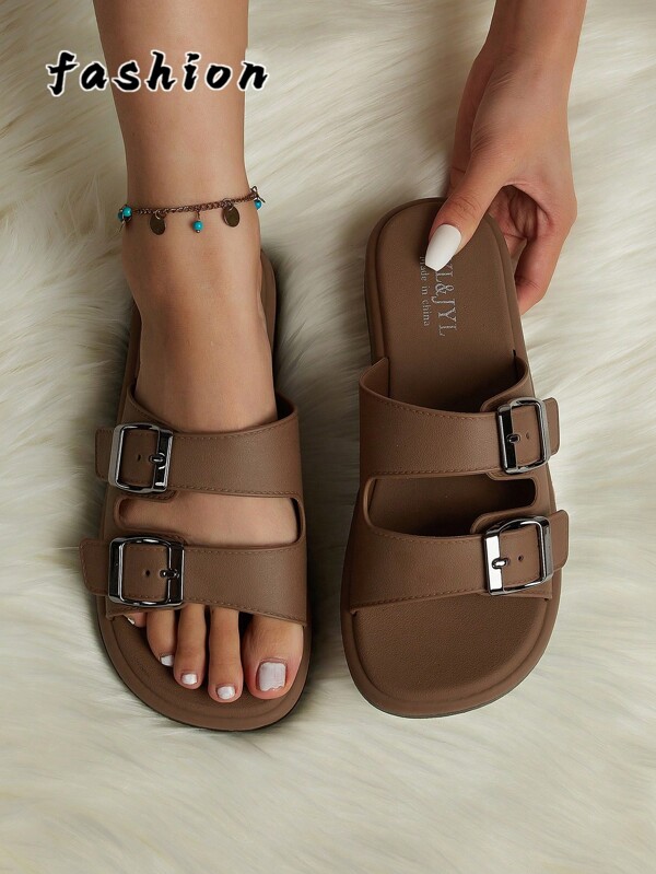 Nuevas sandalias de mujer de verano de moda casual, con diseño de doble hebilla ajustable, transpirables, impermeables y antideslizantes para la playa, el hogar, la oficina y caminar, en color marrón contrastante, versátiles