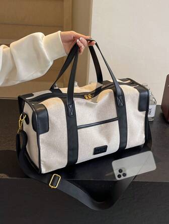 Minimalist Large Capacity Travel Luggage Bag, Fashion Colorblock Hand Carry Boston Cylinder Bag, Casual Multifunctional Shoulder Crossbody Bag - Black With Beige, Suitable For Leisure & Vacation Bag For School School Accessories School Stuff