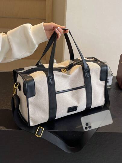 Minimalist Large Capacity Travel Luggage Bag, Fashion Colorblock Hand Carry Boston Cylinder Bag, Casual Multifunctional Shoulder Crossbody Bag - Black With Beige, Suitable For Leisure & Vacation Bag For School School Accessories School Stuff