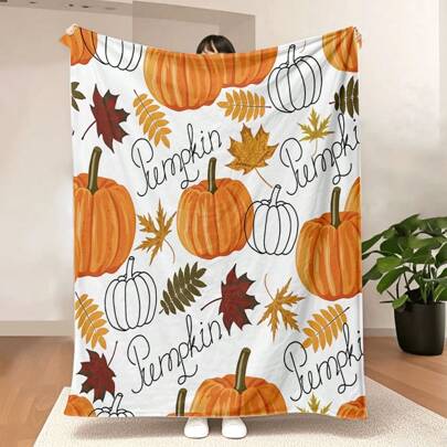 1pc Comfortable Thanksgiving Autumn Leaf Blanket - Soft Flannel Throw Blanket, Vibrant Autumn Themed Design With Pumpkin And Maple Leaf Patterns - Great For Sofa, Couch, Bed, Office And Travel - All Season Gift, Seasonal Home Decor | Vibrant Autumn Design