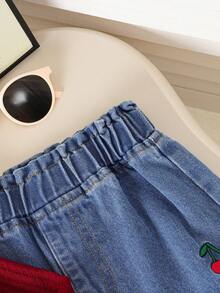 女童情人节华夫格纯色樱桃装饰长袖圆领上衣 + 休闲刺绣牛仔裤