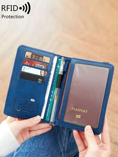 1pc Creative Airplane Pattern Travel Passport Holder With Zipper Bag RFID Blocking Passport Protective Bag Document Cover Minimalist Solid Color Business Trip Essential Passport Wallet Lightweight Portable Travel Wallet Multi-Functional Card Holder Passport Protector Passport Case For Men And Woman Travel Essentials Travel Accessories
