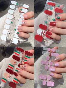 圣诞美甲贴纸，圣诞老人图案美甲贴纸，美甲贴纸，红绿配色，圣诞卡通主题美甲贴纸，圣诞树，雪人，雪花，煎饼人，闪亮雪花图案，女士自粘美甲贴纸 - 彩色 - 查看 7