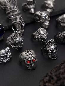 16pcs Punk Style Skull Gemstone Ring Set, Casual Everyday Wear For Men - Multicolor - View 4