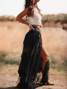 Plus Size Women's Steampunk Gothic Wrap Dress Victorian Ruffle Pirate Skirt - Black - View 3