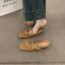 Mocasines de punta cerrada con una tira, sandalias de verano para exteriores de malla transpirable para mujer, estilo chinoiserie metálico
