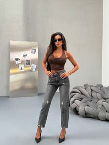 High Waist Knee Laser Ripped Boyfriend Mom Jeans, Solid Color Destroyed Asymmetrical Pockets - Dark Grey - View 4