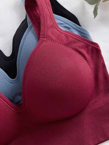 3件套女士纯色无缝优雅无钢圈文胸套装，包含文胸、运动文胸和内裤，适合圣诞节穿着 - 彩色 - 查看 4