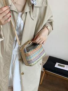 简约草编手提包，新款草编托特包，时尚女包，多功能单肩斜挎包，夏季海滩礼物，适合女孩、女士、学生，夏季必备，度假休闲完美之选 - 卡其色 - 查看 2
