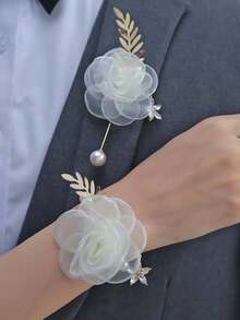 1 Stück weiße Rose Blume Metall Legierung Brosche + 1 Stück weiße Rose Blume Metall Legierung Handgelenk Corsage Set Valentinstag Accessoires - Weiss - Übersicht 1