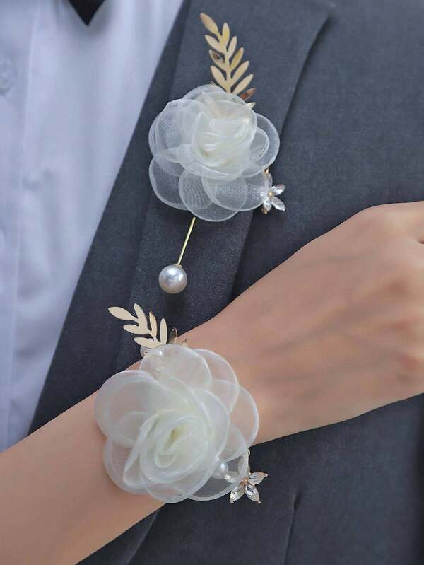 1 Pc White Rose Flower Metal Alloy Brooch + 1 Pc White Rose Flower Metal Alloy Wrist Corsage Set Valentine's Day Accessories