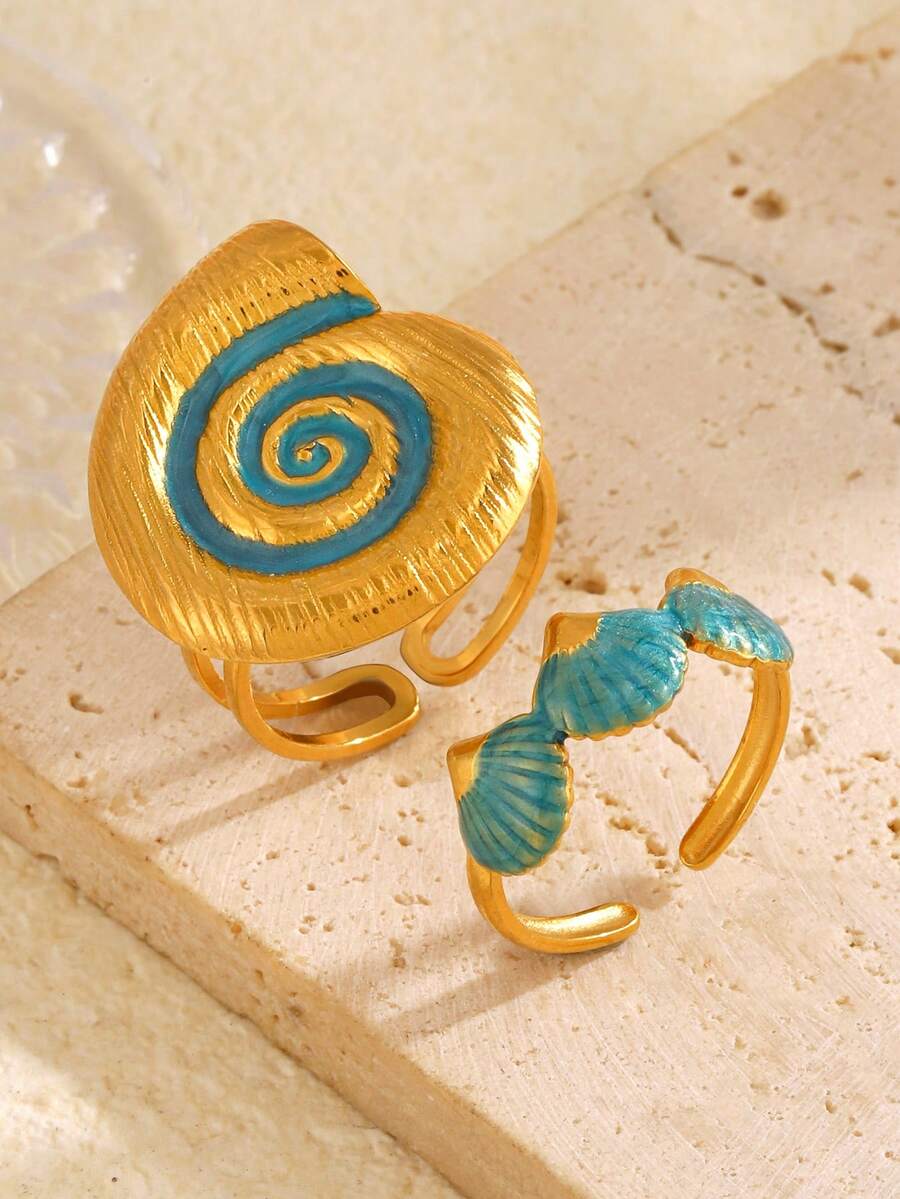 2 chiếc nhẫn xương cá có thể điều chỉnh theo phong cách resort bãi biển bằng thép không gỉ tráng men, phù hợp cho phụ nữ đeo hàng ngày và đi biển - Nhiều màu - Xem 1