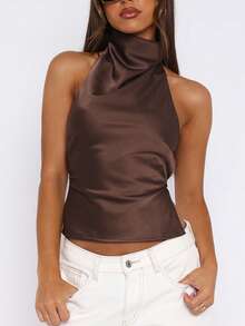 Women's Halter Neck Satin Tank Tops Mock Neck Sleeveless Backless Shirts Solid Color Slim Fit Crop Tops Summer High Neck Vest Camisoles Holiday Beachwear Party Clubwear - 棕色 - 查看 3