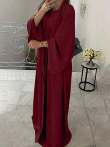 女士优雅无袖睡袍和蝴蝶结长款开衫两件套 春季 - 酒紅色 - 查看 8