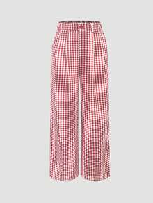 Plaid Print Elastic Waist Straight Leg Pants, Suitable For Office, Business, Vacation, Casual, Daily Wear, College, Travel, Spring/Summer New Arrival - Rose Red - View 6