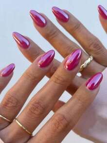 24 片椭圆形玫瑰红色中号假指甲 - 镀铬效果，纯色，适合派对和舞会按压指甲美甲用品 - 粉色 - 查看 1