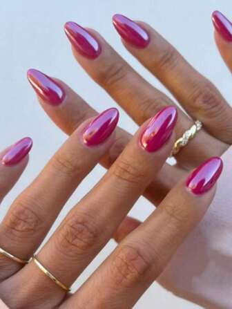 24Pcs Oval Rose Red Medium-Size Fake Nails - Chrome Effect, Solid Color, Suitable For Party And Prom Press On Nails Nail Supplies Nails