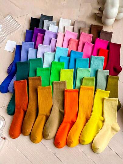 1/5/10/20 双装随机纯色休闲运动百搭时尚中筒袜，女士款，四季皆宜，返校礼物，秋季袜