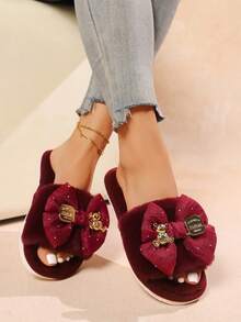 shensongni 女士蝴蝶结泰迪熊装饰毛绒拖鞋，室内拖鞋，家居拖鞋，卧室拖鞋，露趾拖鞋，四季皆宜拖鞋，公寓拖鞋，时尚性感度假风缎面平底凉鞋，酒红色 - 酒紅色 - 查看 11