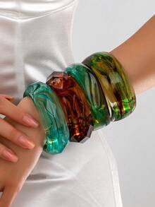 1 套树脂粗手镯，紫红色叠层粗手镯套装，适合女性，粗体珠宝，适合送给女性、母亲、妻子的礼物 - 誇張美拉德款式 - 查看 2