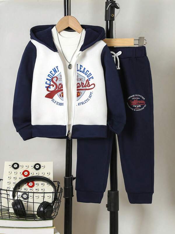 Set de 2 piezas de chaqueta con capucha y pantalones estampados con letras, estilo deportivo casual para niño, para otoño/invierno