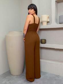 Duna Long Jumpsuit, Elegant, Wide-Leg, Thick Strap, Ruched V-Neckline - Rỉ Nâu - Xem 2
