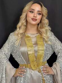 Herseygold 1pc Kurdish Bride Multilayer Long Necklace, Arabic Fashion Women Necklace, Wedding Party Women Costume Jewelry - Gold - View 4