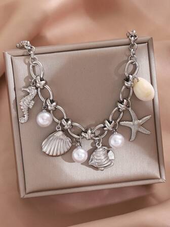 ZIRUISP Collar de acero inoxidable con colgante de estrella de mar y concha, cadena ajustable, estilo bohemio para mujer, joyería de moda para usar en la playa y resort