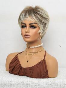Brazilian Wig 8" Short Straight Layered Grey Wig, Natural Look For Parties, Mother's Day & Casual Attire, Party Accessories, Natural Wig., Halloween - Blonde Highlight - View 4