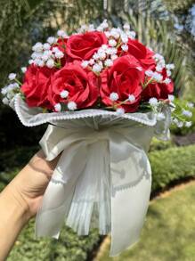 1朵新娘婚禮花束，象牙白新娘花束，人造花婚禮花束，帶絲帶伴娘花束，情人節，裝飾珍珠蕾絲網玫瑰花束