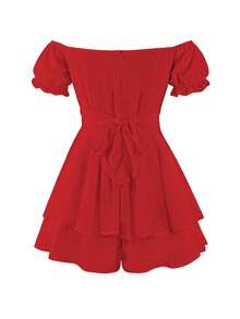 Women Short Jumpsuit, Short Sleeve Off-Shoulder Solid Summer Playsuit For Party Club - Redwood - View 6