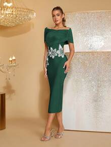 Nuevo vestido midi elegante de color verde oliva con hombros con abertura, espalda descubierta, decoración de flores de strass, ideal para boda, fiesta y festival