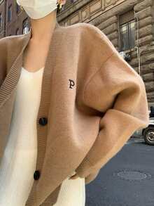 French Fashion Women New Simple Top Cardigan Coat Halloween Fashion Letter Embroidery British-Style Knitted Cardigan For Women Loose And Slouchy Style Sweater Cardigan - Coffee Brown - View 3