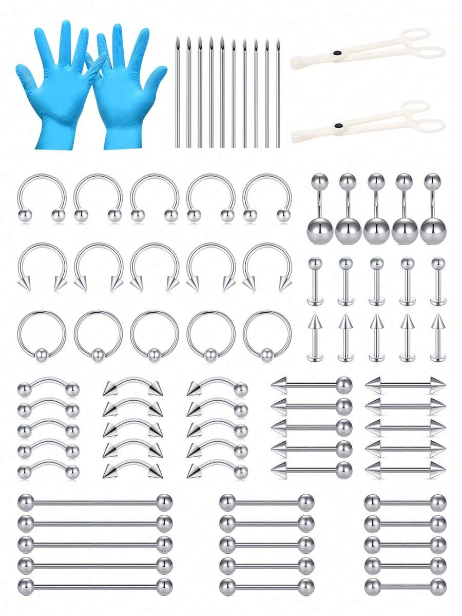 24/42/84pcs Stainless Steel Septum Piercing Kit, Lip Piercing, Tongue Piercing, Ear Piercing Kit, Suitable For All Piercing Areas