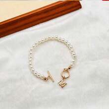 1pc Initial Pendant Toggle Clasps Faux Pearl Bracelet For Women - White - View 4