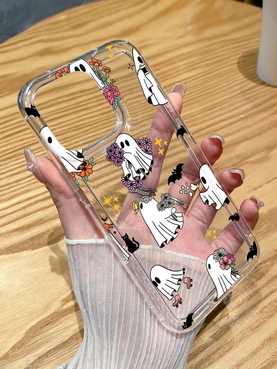 Halloween Theme Phone Case - Ghosts, Bats, Cute Floral Cartoon Style Transparent Air Cushion Full Coverage Anti-Slip Soft Phone Case, Compatible With IPhone 13, 15, 16 Pro Max, IPhone 16, IPhone 14, IPhone 16 Plus, Galaxy Phones Waterproof Shockproof Anti-Fall Scratch Resistant - Multicolor - View 1