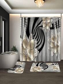 1 件/4 件浴室窗帘淋浴套装，浴帘和浴垫套装，花卉和珍珠图案浴室装饰套装，经典简约豪华浴室套装，配有 12 个挂钩