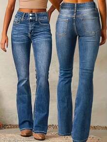 Jeans de mujer con diseño de doble botón elástico y pierna acampanada versátil