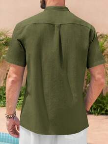 Runcati Mens Short Sleeve Guayabera Shirts Linen Cotton Button Down Mexican Embroidered Wedding Shirt Summer Tops - Army Green - View 3