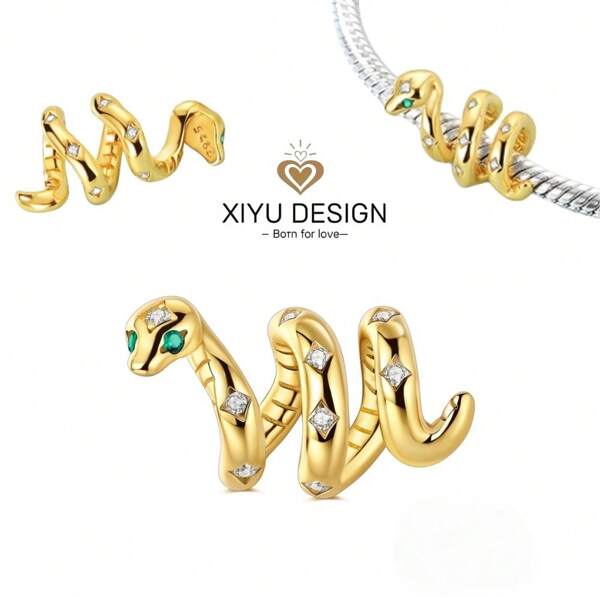1pc S925 Silver Shiny Golden Snake Pendant Bead, Suitable For DIY Charm Bracelet, Necklace, Daily Wear Or Gift